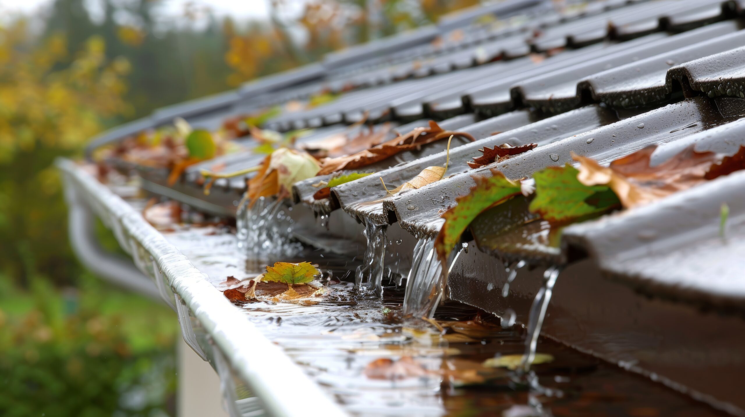 Rainwater overflowing from a clogged white gutter